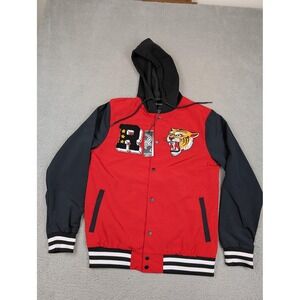 Reason Jacket Mens Medium Red Black Hooded Varsity Tiger Patch F3-306 New